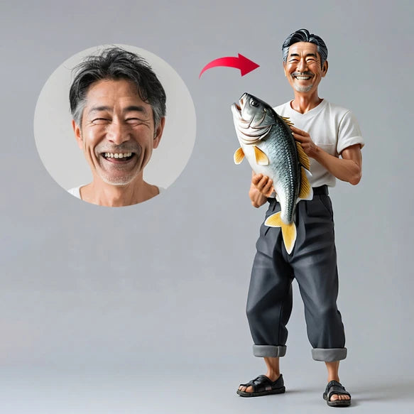 The big catch — Style reference. Style Lab reference image; not a VoxelPals customer order. Your own photos guide the design. Head movement is confirmed in your design proof.