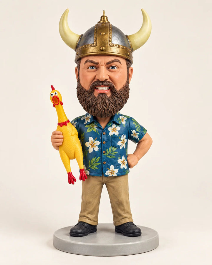 Horned hero — AI studio view. AI concept of this horned-helmet character. Your own photos guide the customised design.