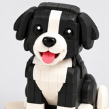 Close-up of the face and markings on the custom Mini Dog brick figure