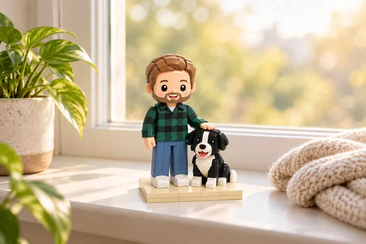 Bausteinfigur zur Erinnerung an Ihr Haustier zu Hause präsentiert (KI-Illustration, Dekoration nicht im Lieferumfang)