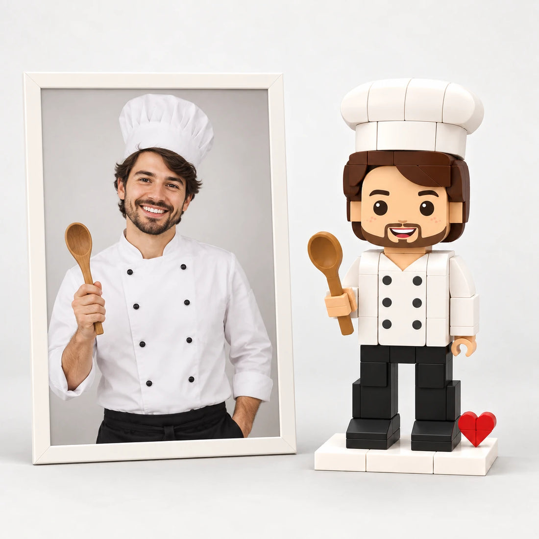A profession photo beside the matching brick figure (AI illustration of a fictional photo)
