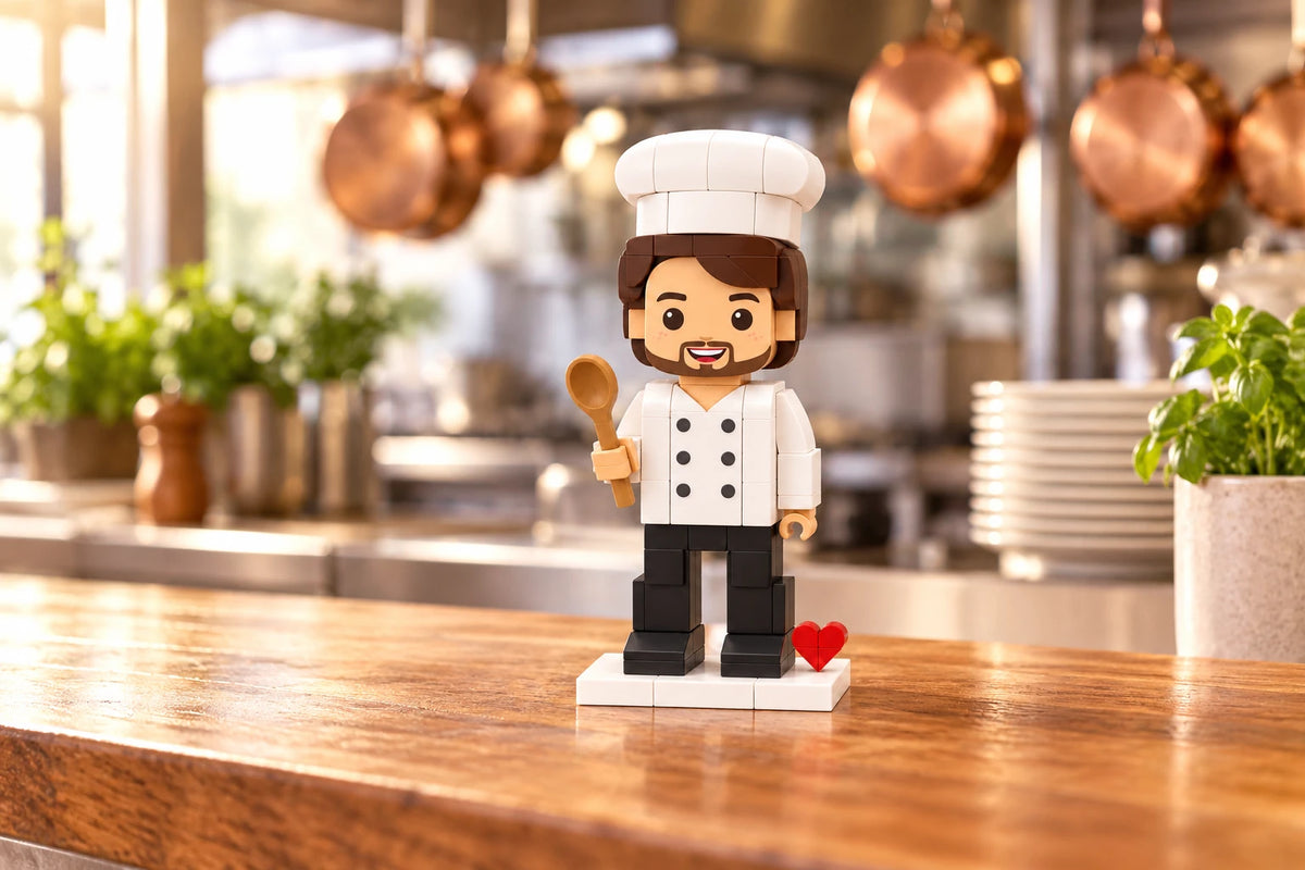 Profession Brick Figure displayed in a kitchen (AI illustration, scene styling not included)