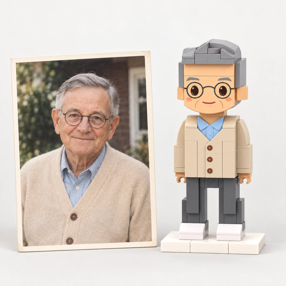 A remembrance photo beside the matching brick figures (AI illustration of a fictional family photo)