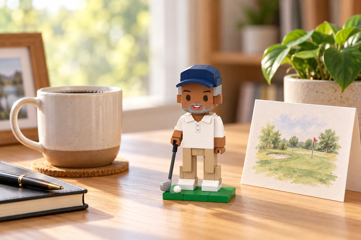 Retirement Brick Figure displayed at home (AI illustration, scene styling not included)