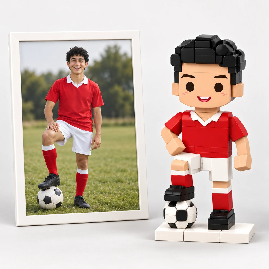 A sports photo beside the matching brick figure (AI illustration of a fictional photo)