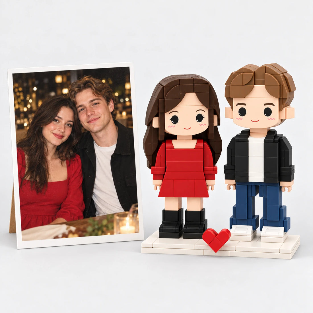 A valentine's day photo beside the matching brick figures (AI illustration of a fictional family photo)