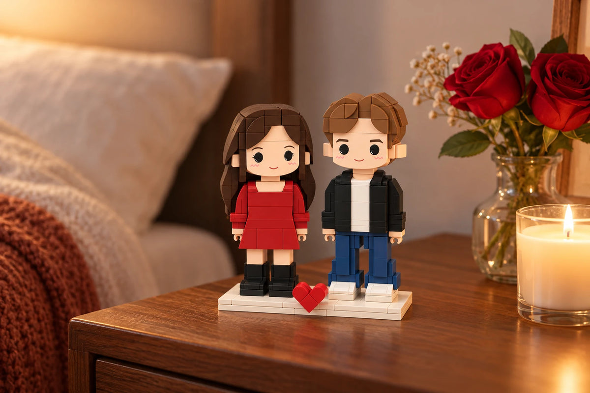 Valentine's Brick Figures displayed at home (AI illustration, scene styling not included)