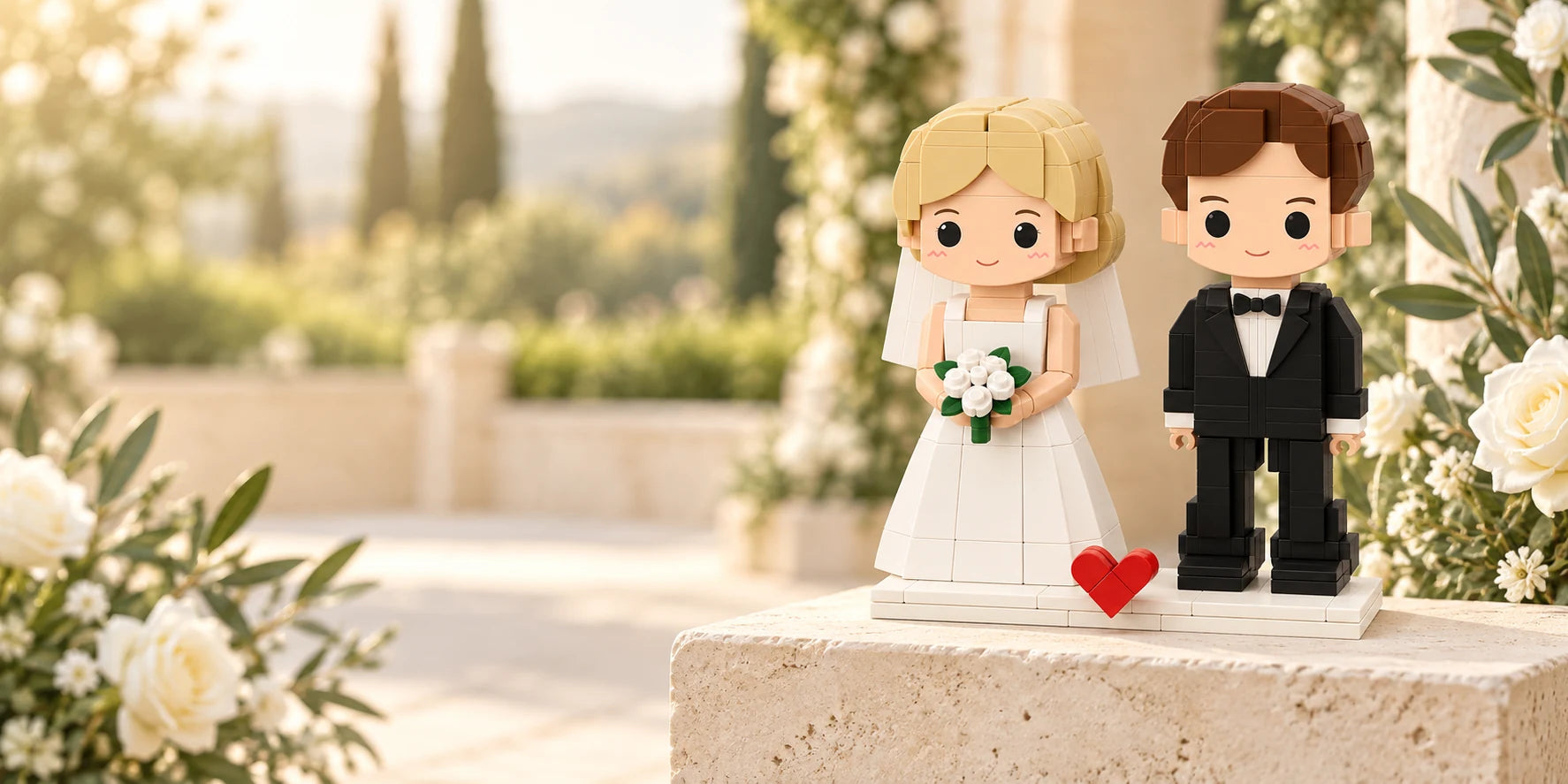 Illustrative garden setting with a bride and groom made from broad, smooth brick pieces