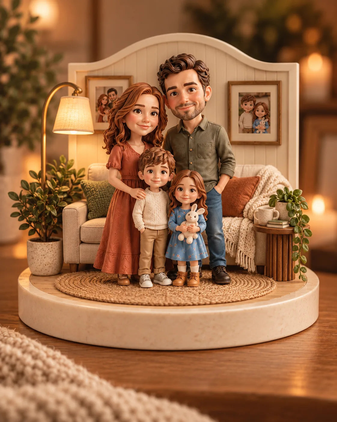 Eine Familie aus 3D-Figuren in einem individuellen Wohnzimmer-Diorama mit Sofa, Lampe und gerahmten Fotos
