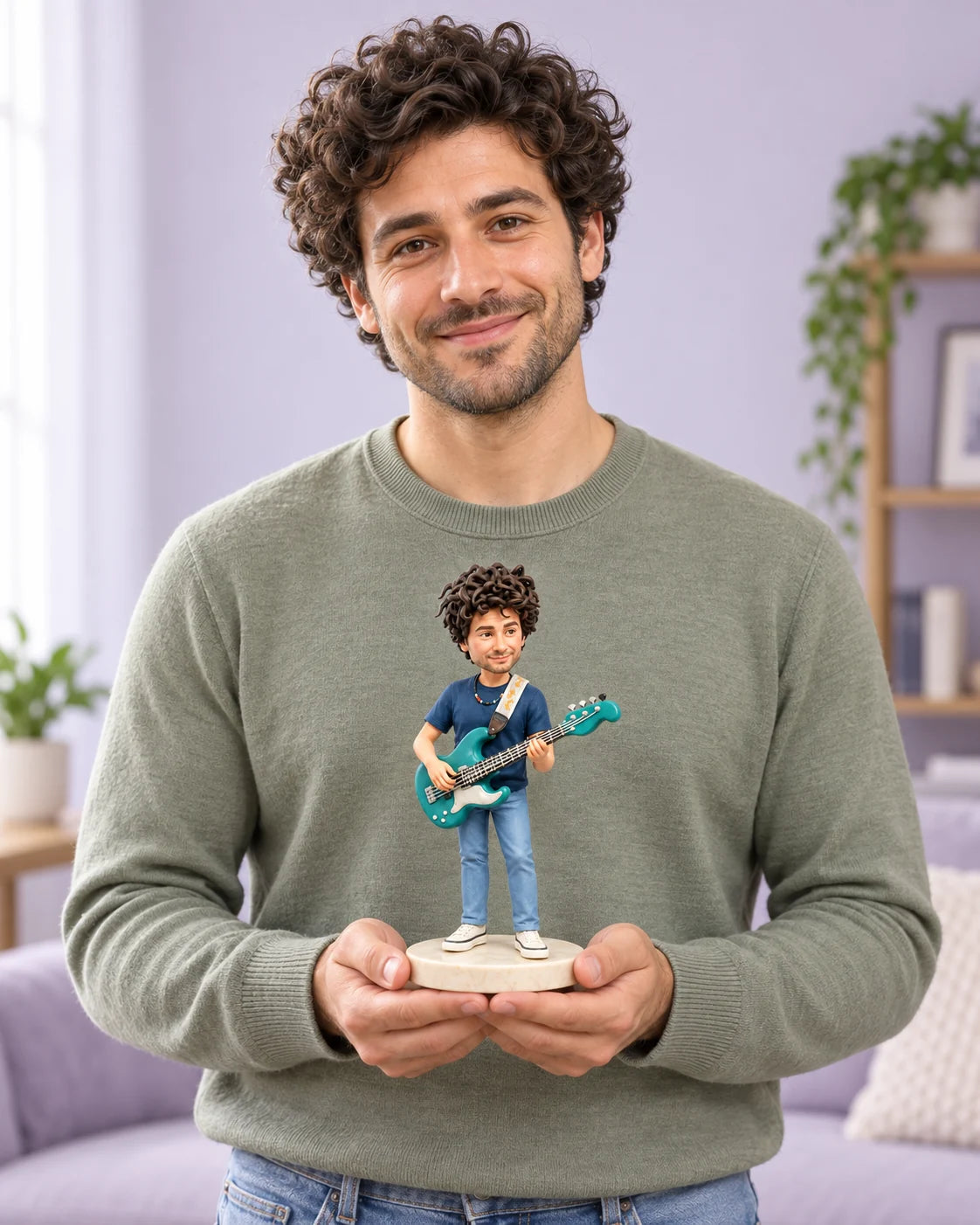 AI lifestyle illustration of a fictional adult holding a green-bass musician figurine on an ivory base