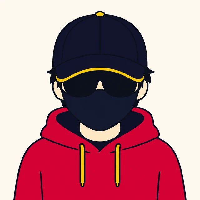 Illustration: a person wearing large sunglasses, a cap and a face mask