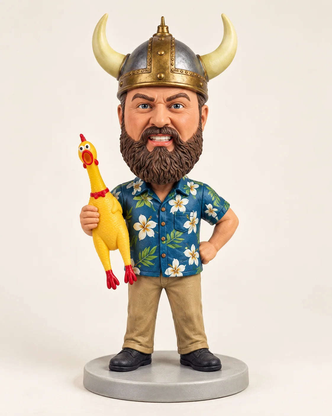 Horned Hero — AI studio view. AI concept of this horned-helmet character. Your own photos guide the customised design.
