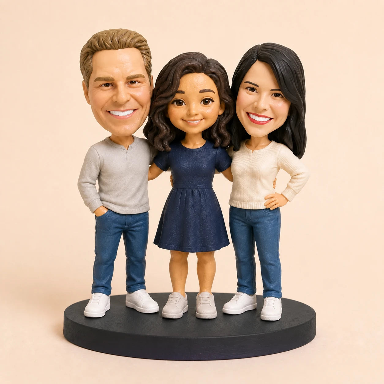 The crew — a group of resin characters on one polished stage